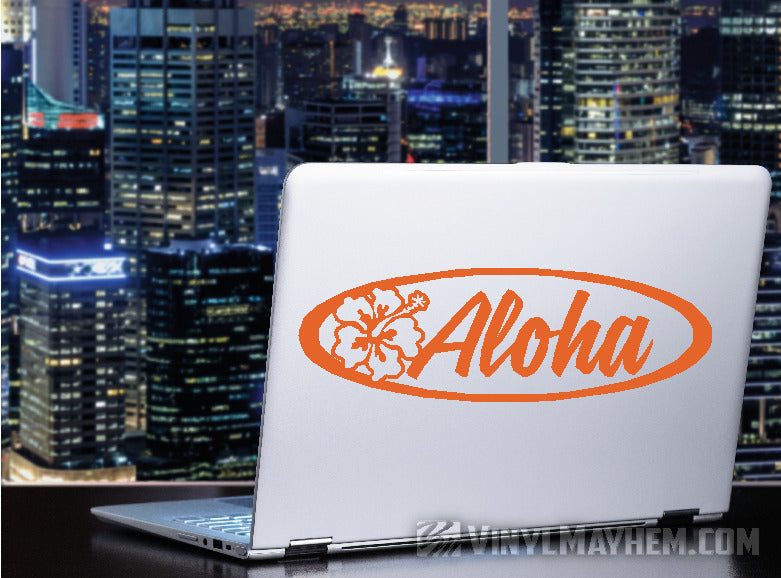 Aloha Hibiscus Flower script oval vinyl sticker