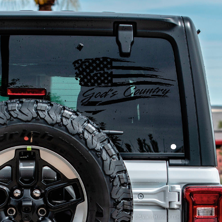 American Flag God&#39;s Country distressed waving vinyl sticker