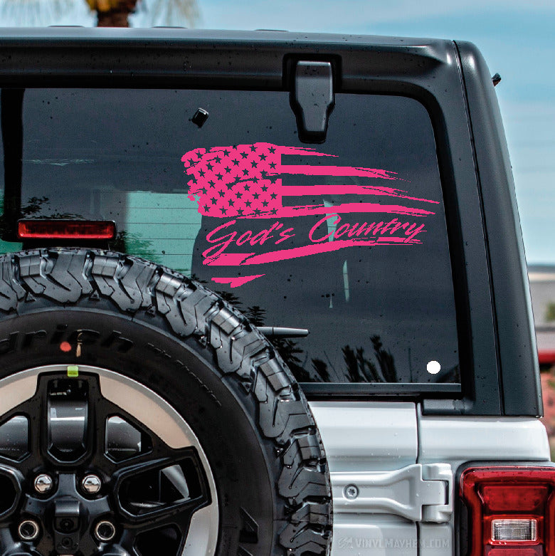 American Flag God&#39;s Country distressed waving vinyl sticker