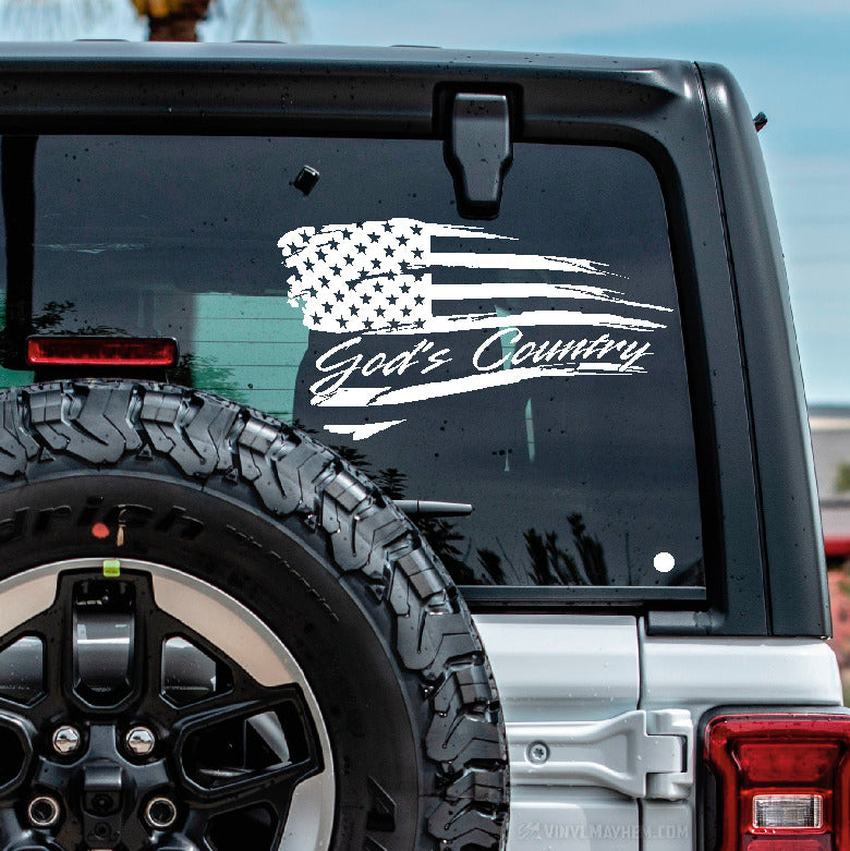 American Flag God&#39;s Country distressed waving vinyl sticker