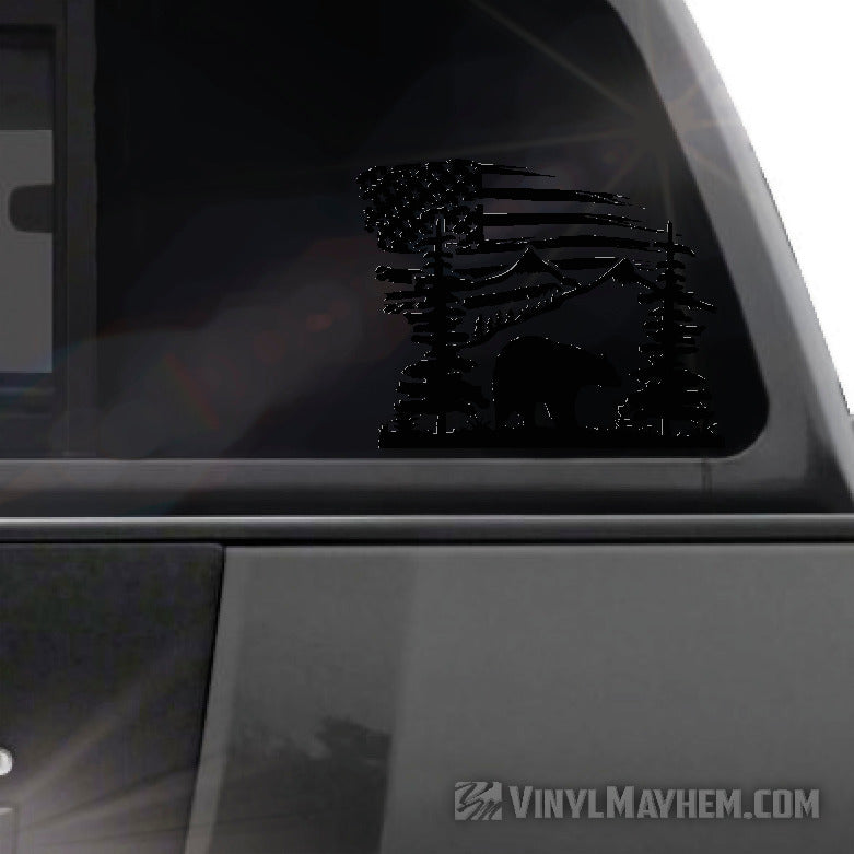 Mountain Scene with Bear and American Flag vinyl sticker