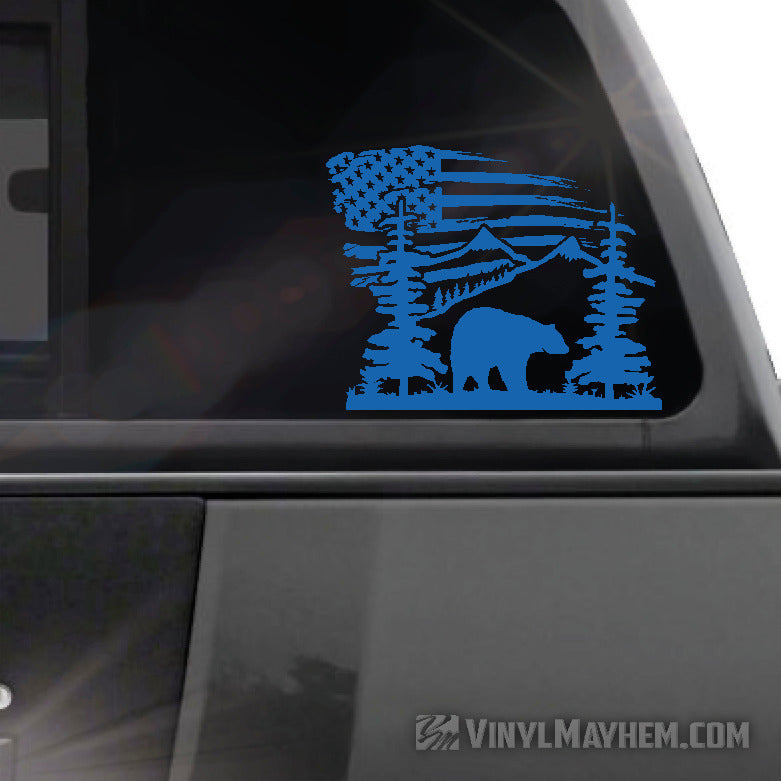 Mountain Scene with Bear and American Flag vinyl sticker