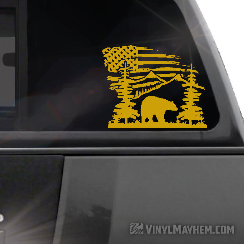 Mountain Scene with Bear and American Flag vinyl sticker