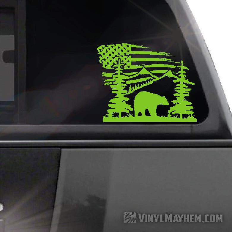Mountain Scene with Bear and American Flag vinyl sticker