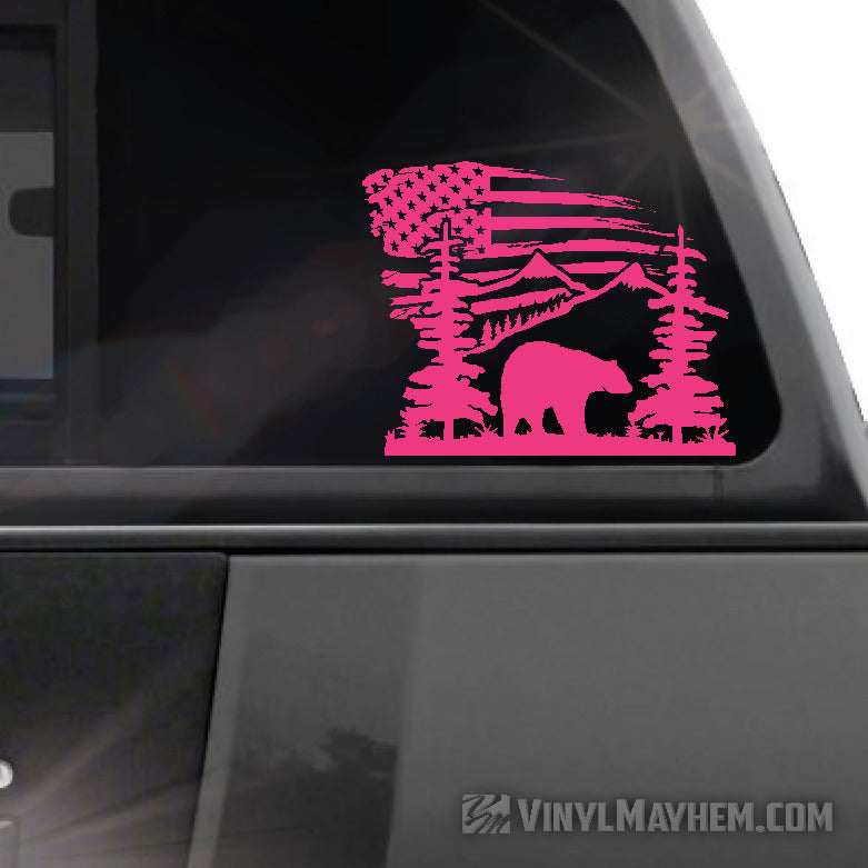 Mountain Scene with Bear and American Flag vinyl sticker