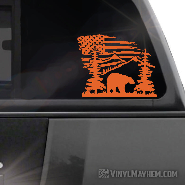 Mountain Scene with Bear and American Flag vinyl sticker