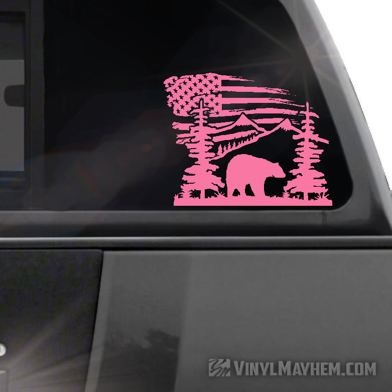 Mountain Scene with Bear and American Flag vinyl sticker