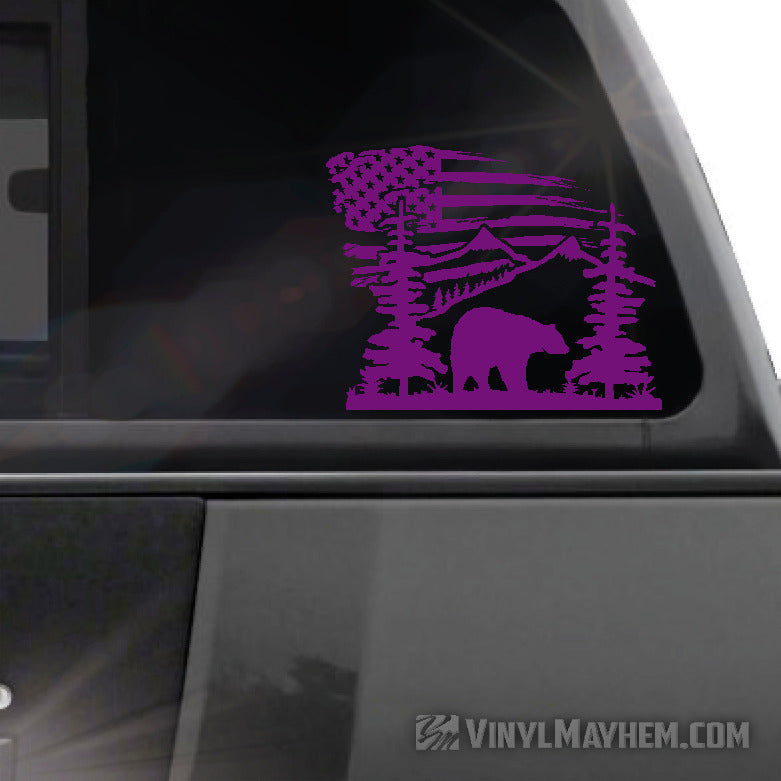 Mountain Scene with Bear and American Flag vinyl sticker