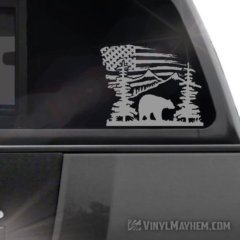 Mountain Scene with Bear and American Flag vinyl sticker