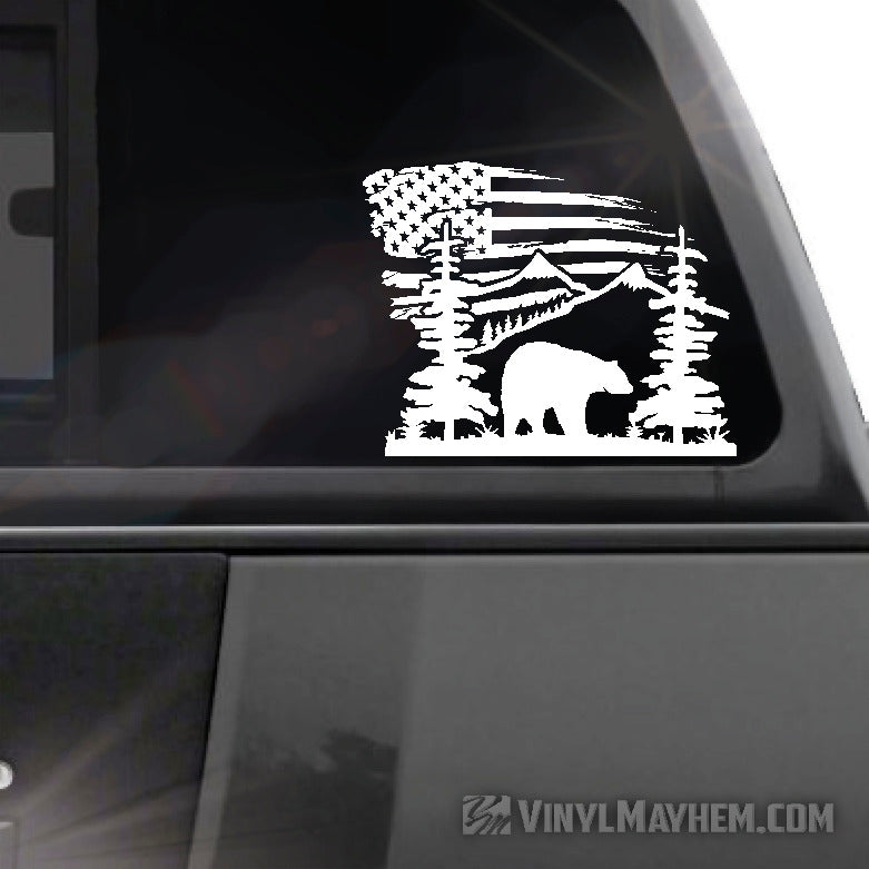 Mountain Scene with Bear and American Flag vinyl sticker