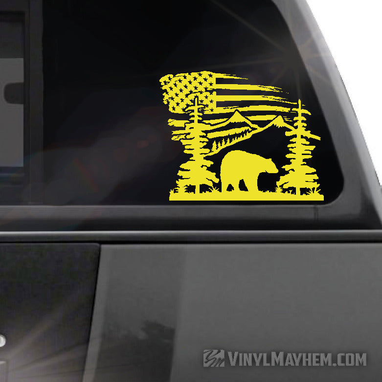 Mountain Scene with Bear and American Flag vinyl sticker