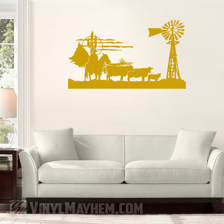 Cowboy Windmill Western Scene vinyl sticker yellow