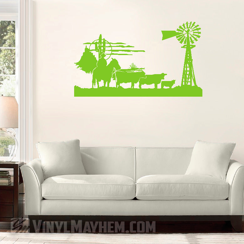 Cowboy Windmill Western Scene vinyl sticker light green&#39;