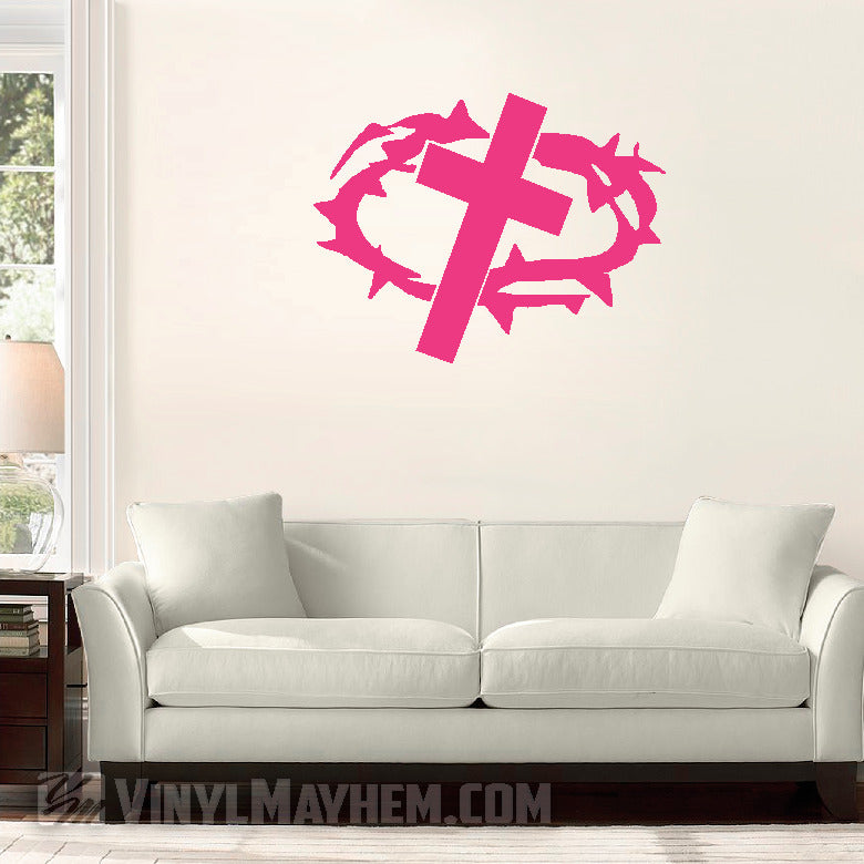 Cross with Crown of Thorns vinyl sticker pink