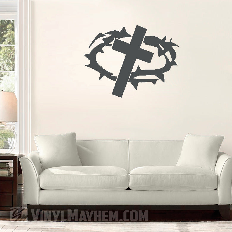 Cross with Crown of Thorns vinyl sticker gray