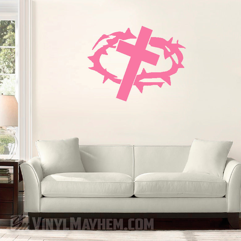 Cross with Crown of Thorns vinyl sticker online pink