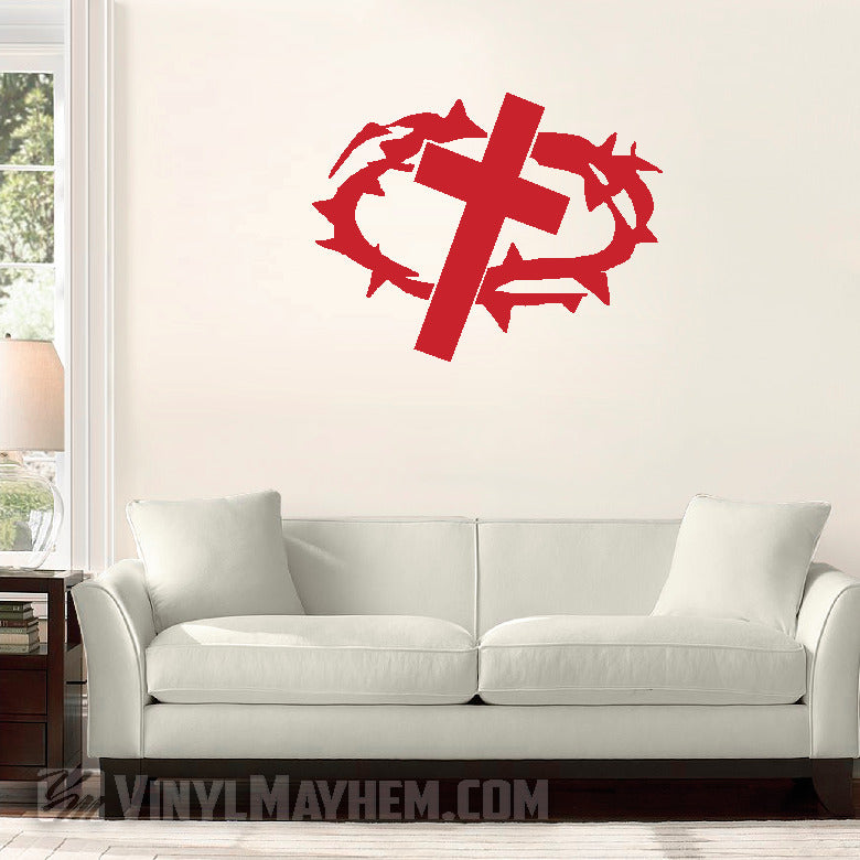 Cross with Crown of Thorns vinyl sticker red