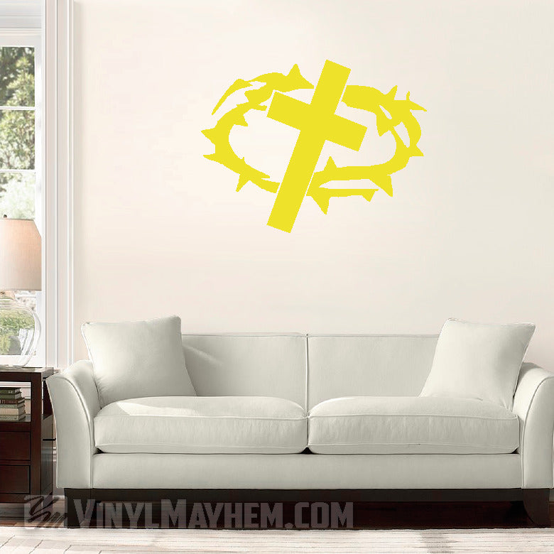 Cross with Crown of Thorns vinyl sticker yellow