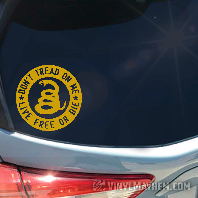 Don&#39;t Tread On Me Live Free Or Die circle vinyl sticker yellow