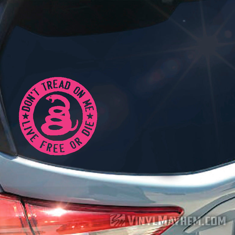 Don&#39;t Tread On Me Live Free Or Die circle vinyl sticker pink