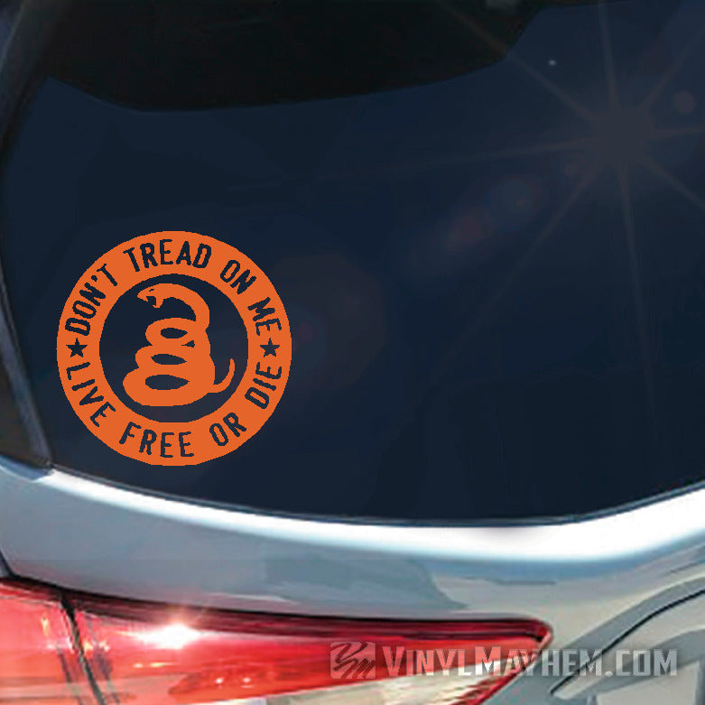 Don&#39;t Tread On Me Live Free Or Die circle vinyl sticker orange