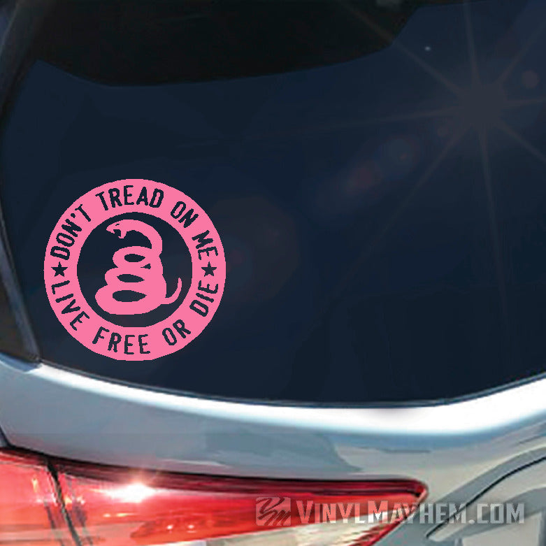 Don&#39;t Tread On Me Live Free Or Die circle vinyl stickers pink