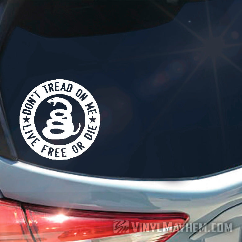 Don&#39;t Tread On Me Live Free Or Die circle vinyl sticker white
