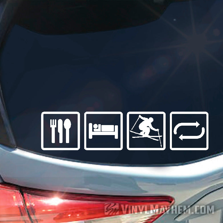 Car decal with four icons on a vehicle&#39;s rear window, featuring a fork, spoon, bed, skier, and arrows.