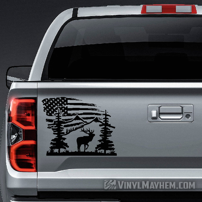 Mountain Scene with Elk and American Flag vinyl sticker