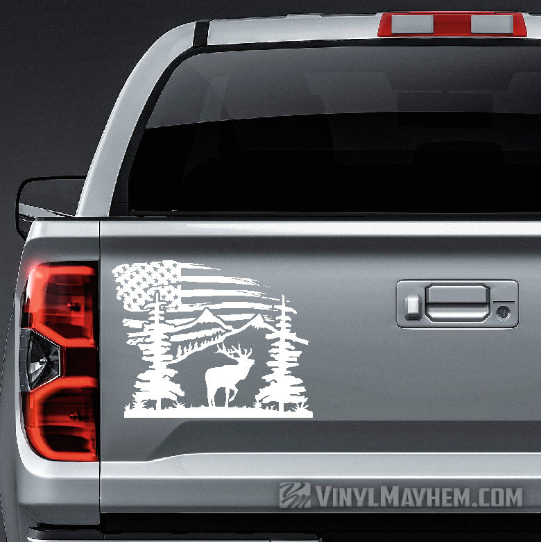 Mountain Scene with Elk and American Flag vinyl sticker
