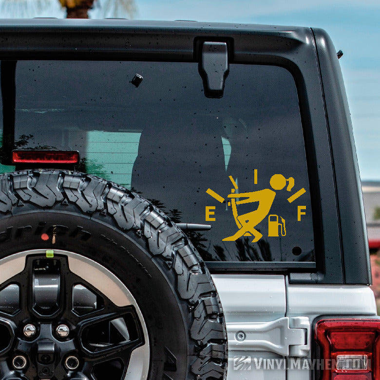Girl pulling gas gauge needle vinyl sticker