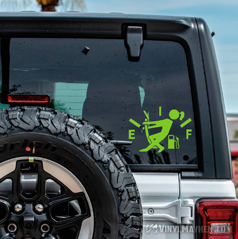Girl pulling gas gauge needle vinyl sticker