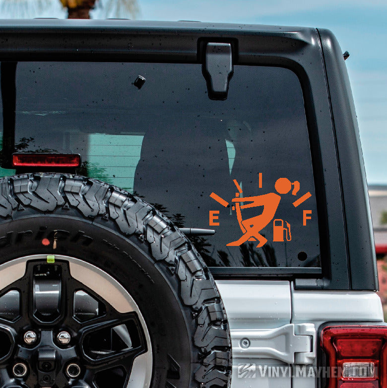 Girl pulling gas gauge needle vinyl sticker