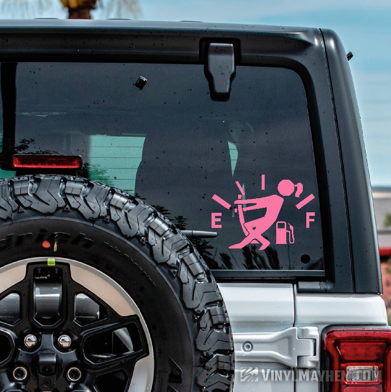 Girl pulling gas gauge needle vinyl sticker
