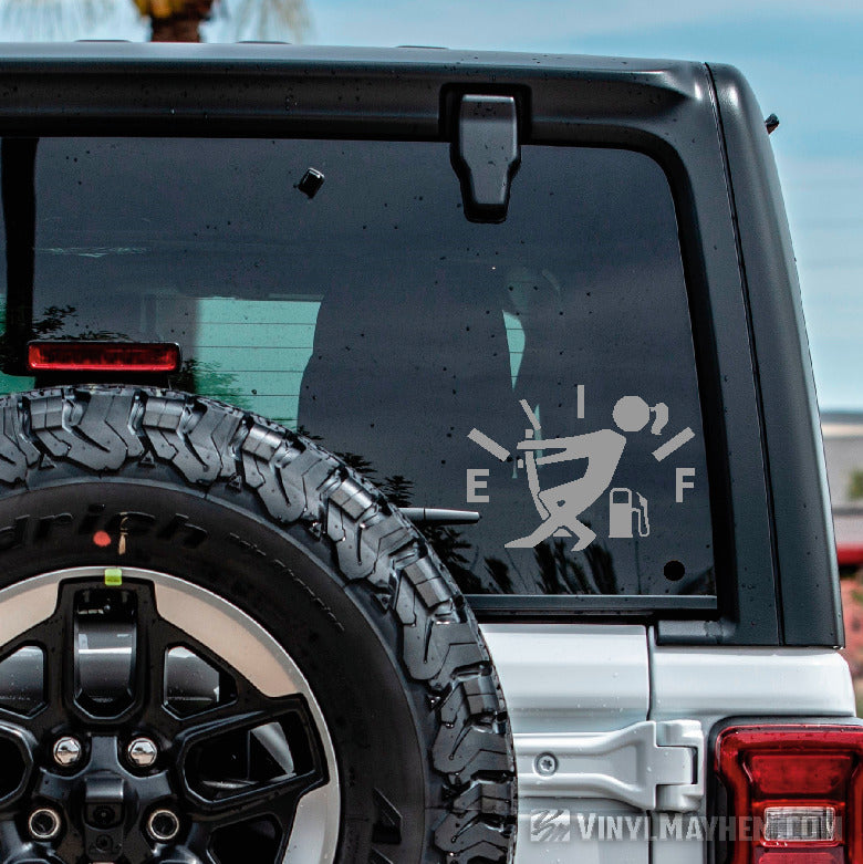 Girl pulling gas gauge needle vinyl sticker