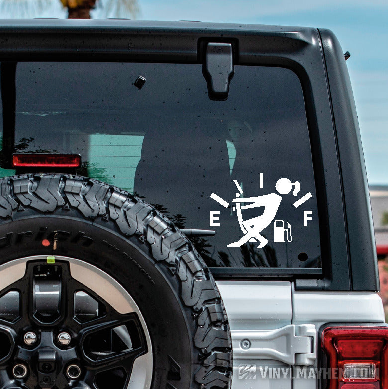 Girl pulling gas gauge needle vinyl sticker
