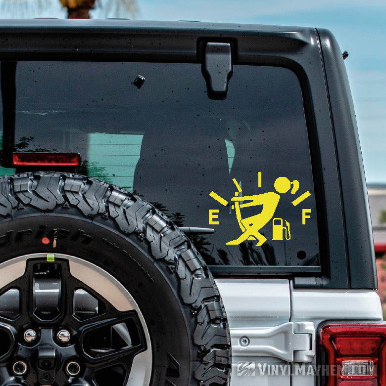 Girl pulling gas gauge needle vinyl sticker