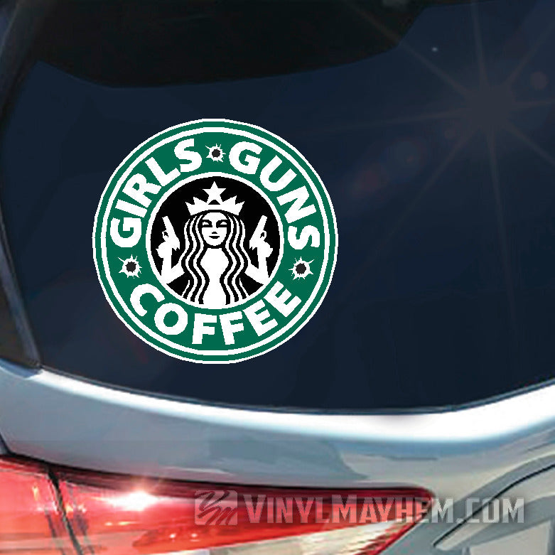Girls Guns and Coffee with bullet holes sticker