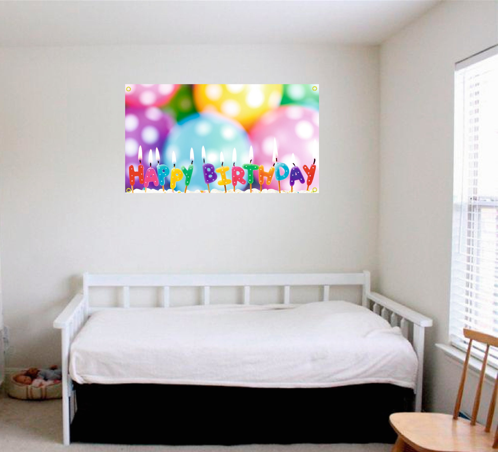 Happy Birthday candles and balloons banner