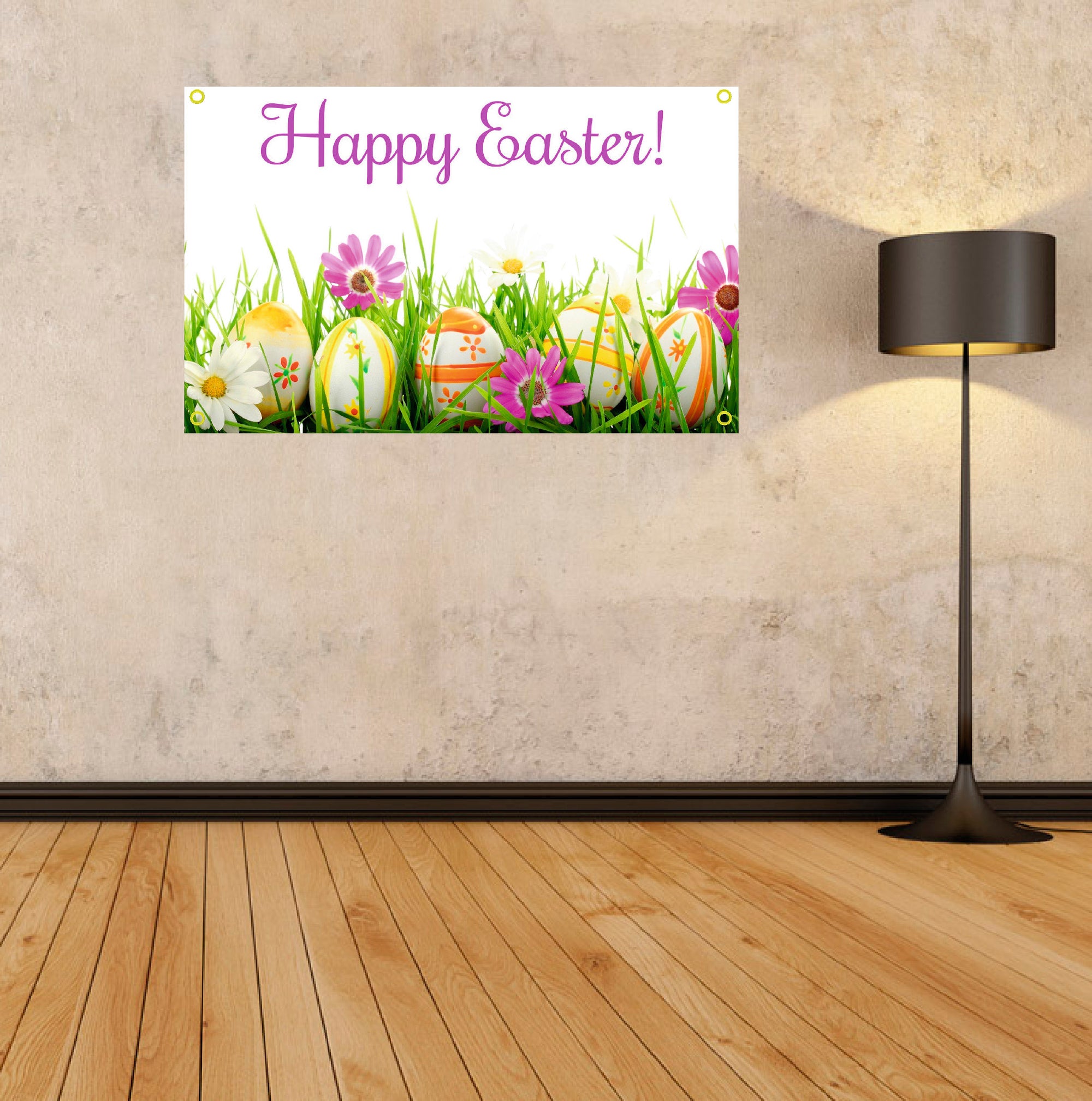 Happy Easter with decorated eggs banner