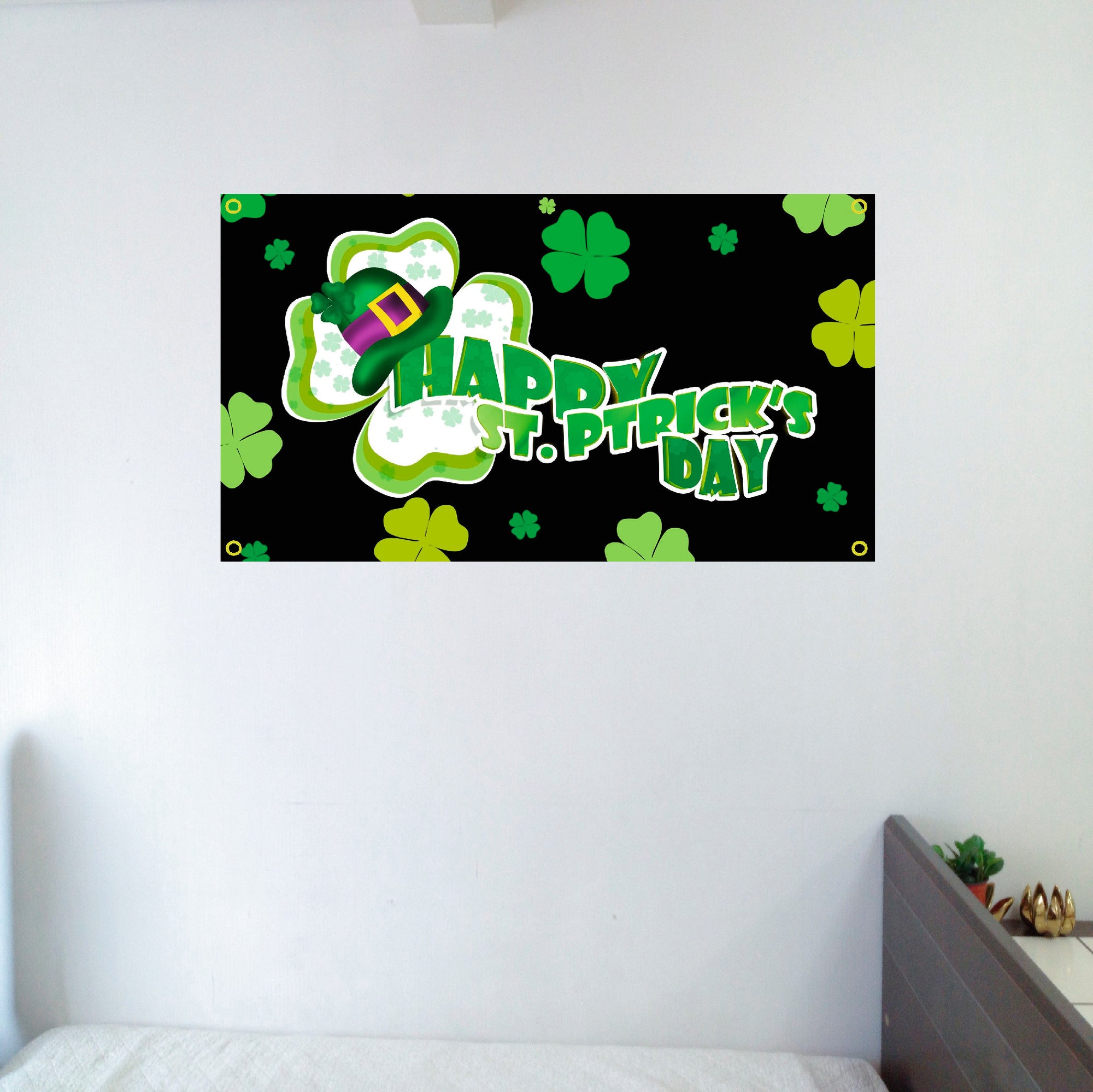Happy St. Patrick's Day with four leaf clovers banner