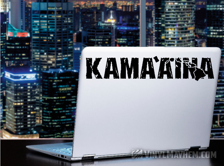 Hawaiian Islands Kama`aina distressed text vinyl sticker
