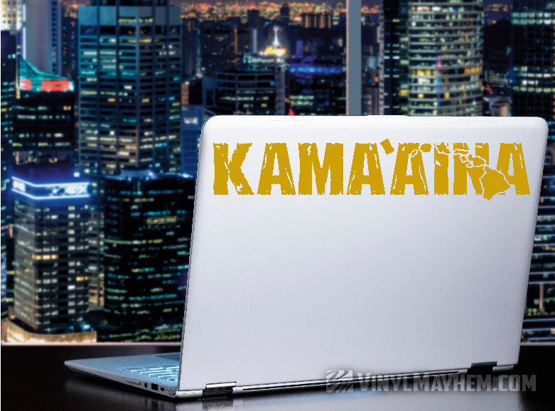 Hawaiian Islands Kama`aina distressed text vinyl sticker
