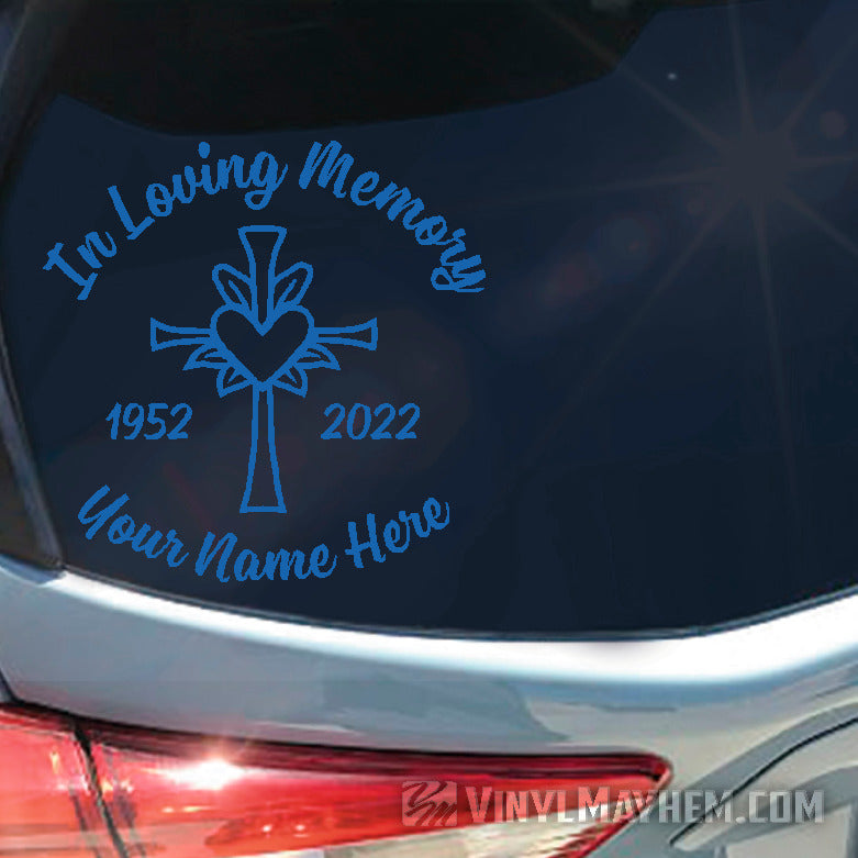 In loving Memory with cross and heart add custom text vinyl sticker