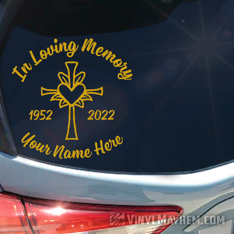 In loving Memory with cross and heart add custom text vinyl sticker