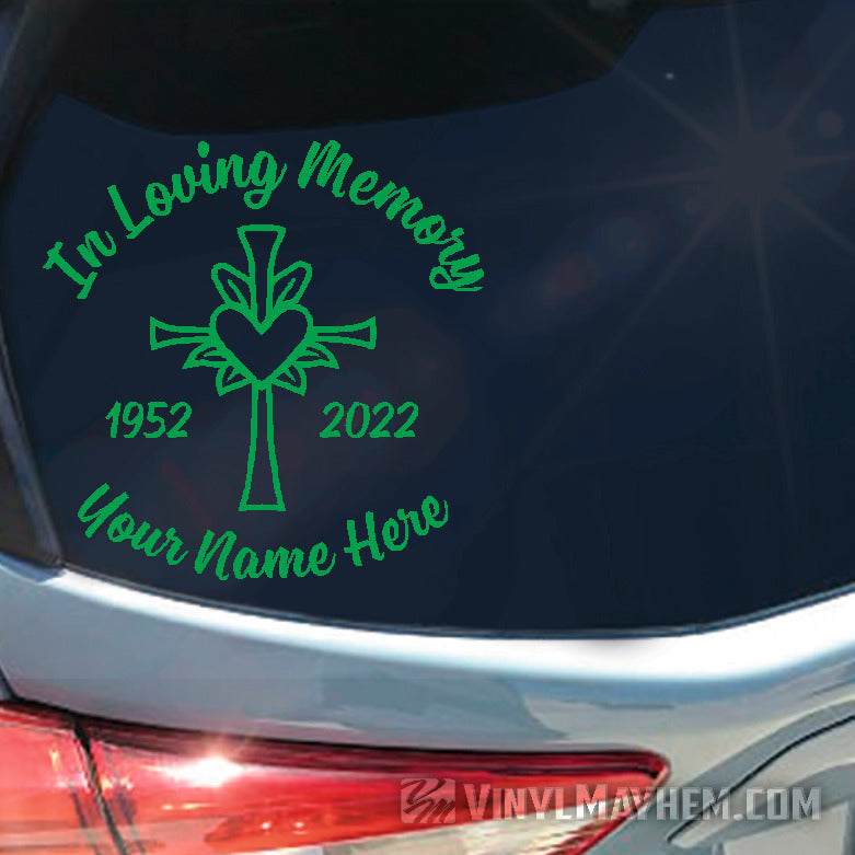 In loving Memory with cross and heart add custom text vinyl sticker