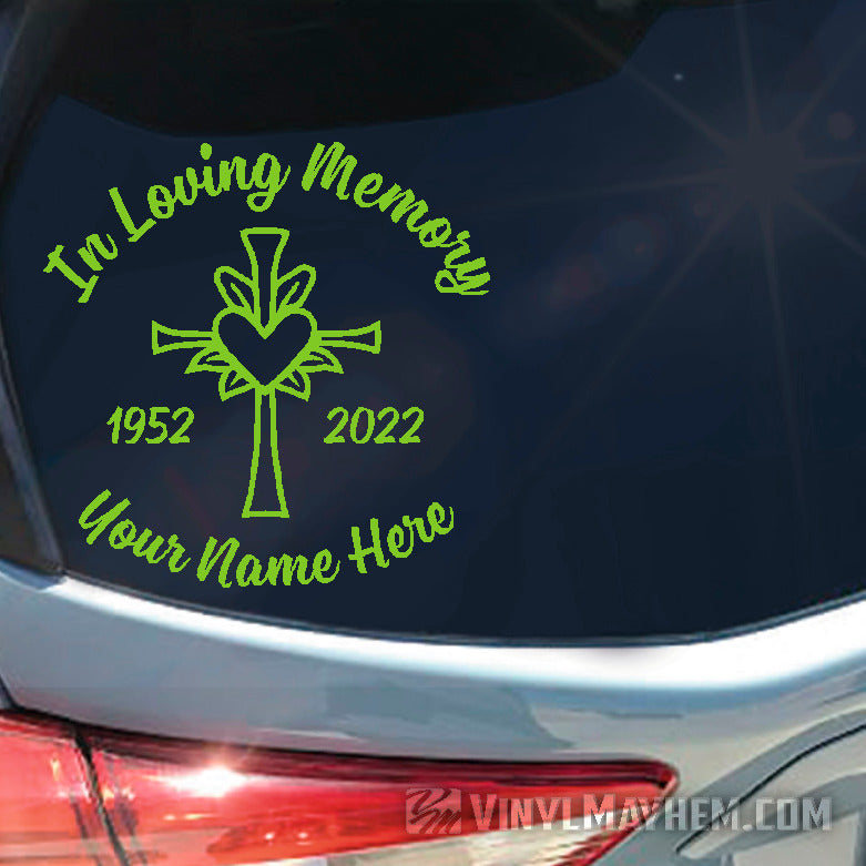 In loving Memory with cross and heart add custom text vinyl sticker