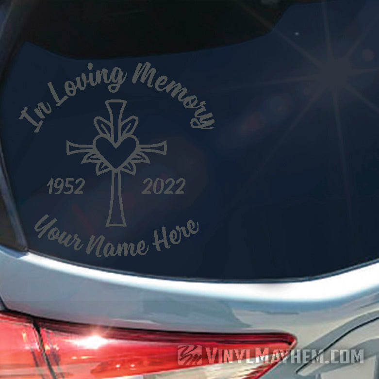 In loving Memory with cross and heart add custom text vinyl sticker
