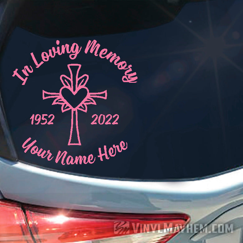 In loving Memory with cross and heart add custom text vinyl sticker