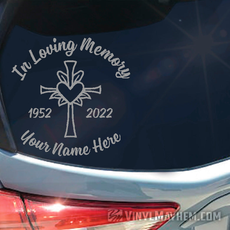 In loving Memory with cross and heart add custom text vinyl sticker